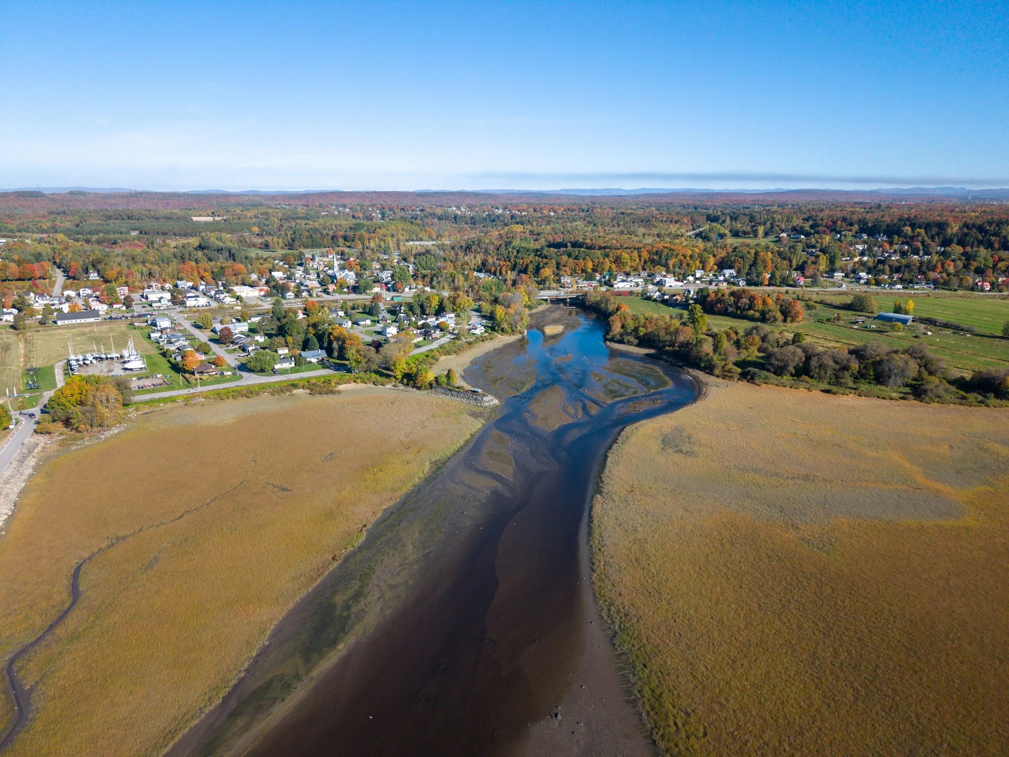 Aerial view of land and water